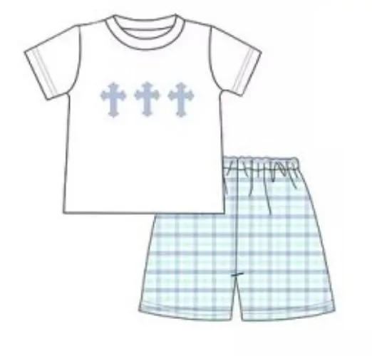 

Boutique Baby New Cotton Short Sleeved White T-shirt Set Round Neck Cross Pattern Boy Top Clothes And Blue Lattice Shorts Suit