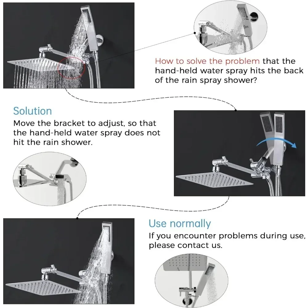All Metal 8" Dual Square Shower Head Combo Rain Shower Head Handheld Wand Adjustable Smooth 3-Way Diverter Chrome shower head,shower diverter valve