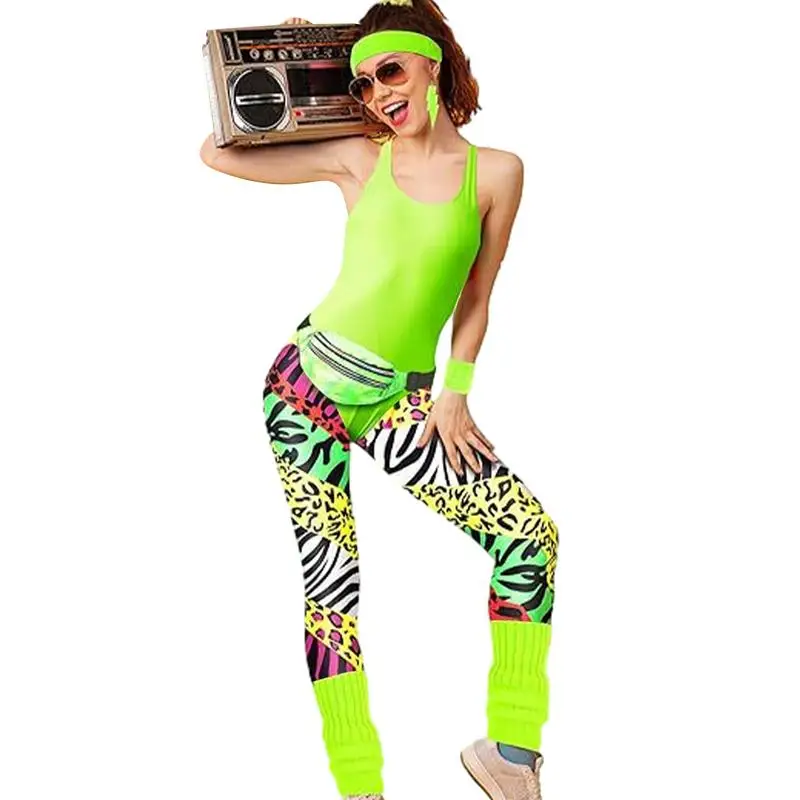 

80s Workout Clothing Set 80s Party Costumes For Women Dance Party Leggings Leg Warmers Fanny Pack Earrings Headband Accessories