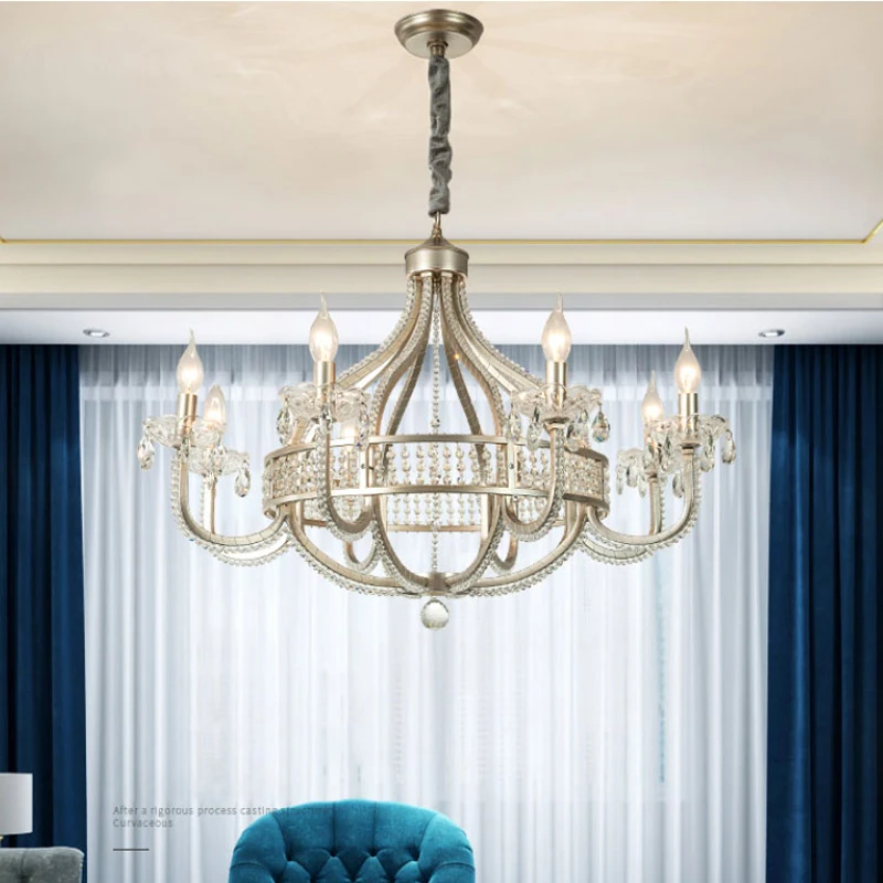 

American LED Crystal Chandeliers Vintage Silver Living Room Dining Room Pendant Lamp Household Bedroom Retro Chandelier Lighting