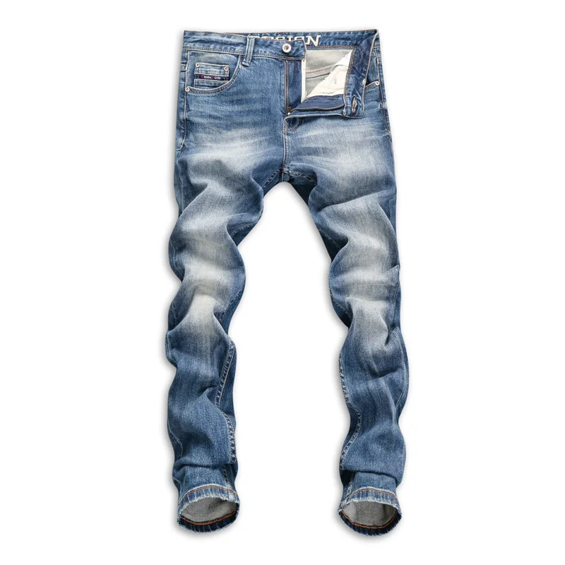 Italian Style Fashion Men Jeans Stretch Slim Fit Ripped Jeans Men Plain Washed Retro Blue Vintage Designer Denim Pants Hombre