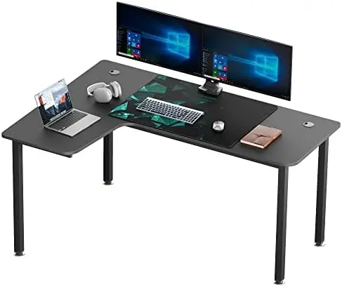 

Shaped Gaming Desk, 61 Inch Corner Computer Desk, Modern Office Study Writing Desk, Home Gaming Table with Mouse Pad & Cable Whi
