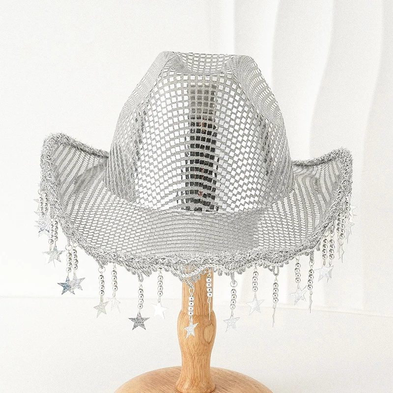 Bling Stars Tassel Cowgirl Hats Womens Mens Shiny Sequins Wide Brim Cowgirl Hat Western Themed Party Caps for Streetwear