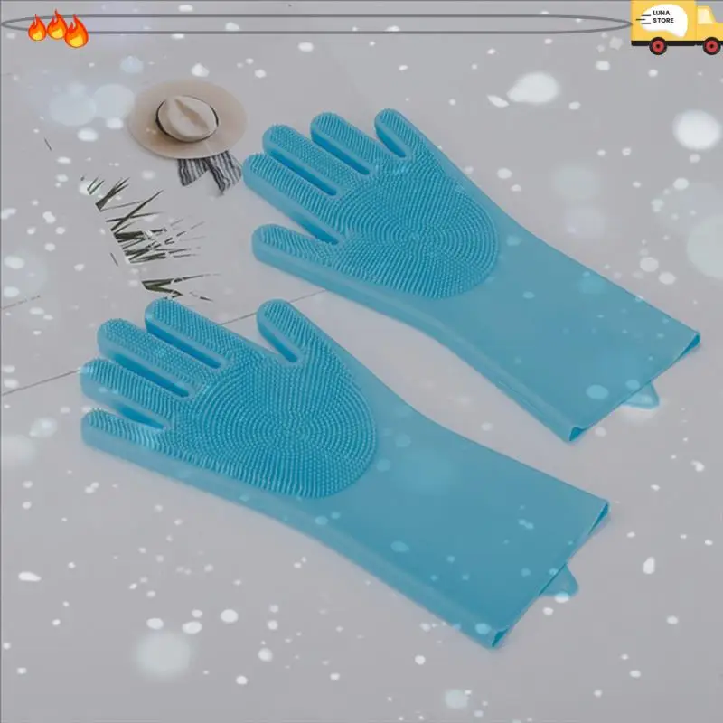 Dishwashing Gloves Pet Bath Massage Hair Removal Gloves Sky Blue & Pink Silica Gel For Washing Dishes,Reusable