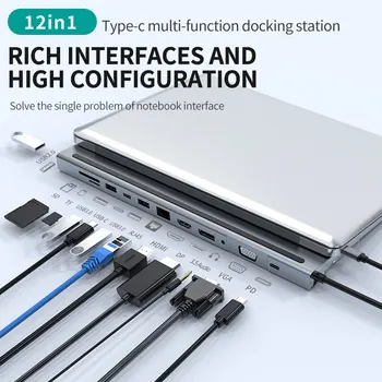 12-in-1 USB-C 도킹 스테이션 4K HDMI,DP,VGA,USB3.0, SD/TF 리더, 100W PD, 3.5mm 오디오, RJ45 1000M 포트 맥북 델