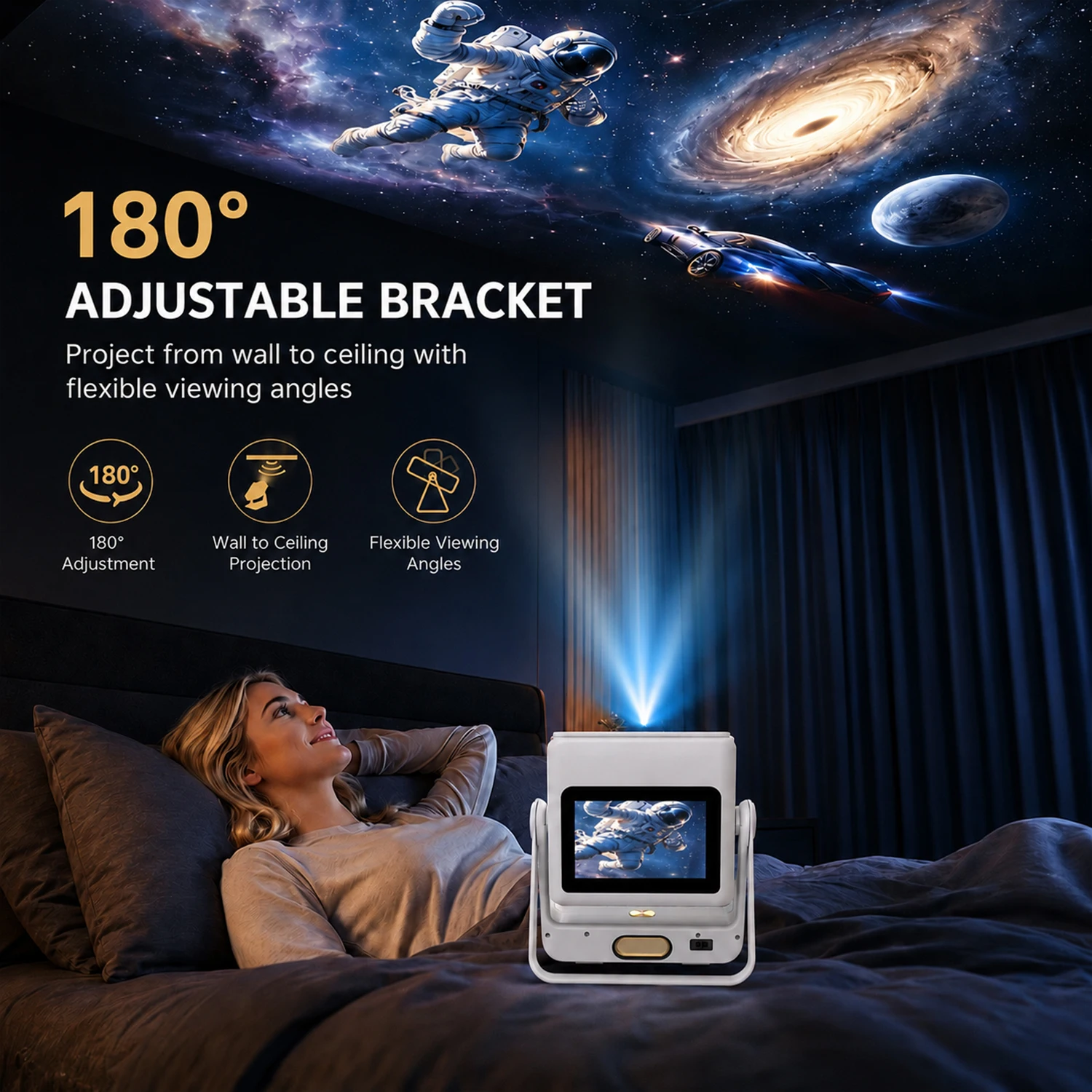7인치 1080P 4K 프로젝터 자동 초점 180 °   회전식 휴대용 야외 시네마 HDMI USB BT5.0 WiFi 스크린