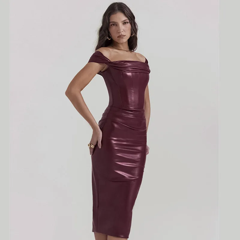 

Женское облегающее платье средней длины, Бордовое платье из искусственной кожи без бретелек с открытой спиной, облегающее длинное платье с открытыми плечами без рукавов, 2023