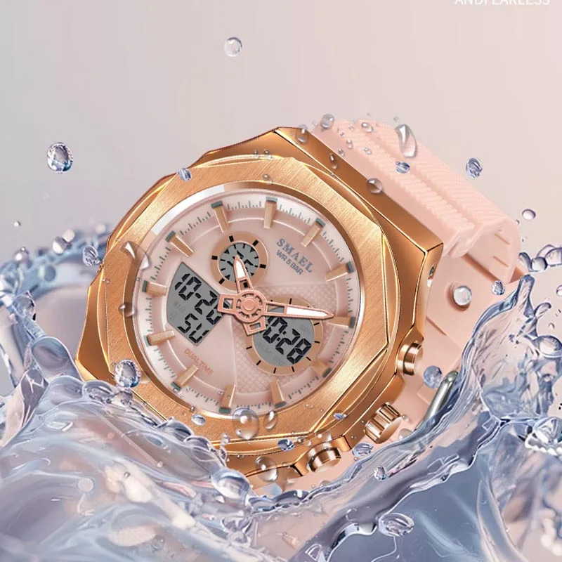SMAEL Sport Digital Watch Women 50M Waterproof Lady Watches 8102 Dual Time Diaplay LED Back Light
