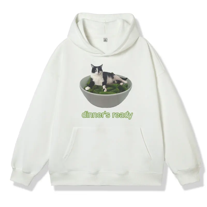 Dinner's Ready Bean Cat Funny Graphic Hoodie Men Women Cartoon Oversized Cotton Fleece Pullover Fashion Sweatshirt Y2k Clothes