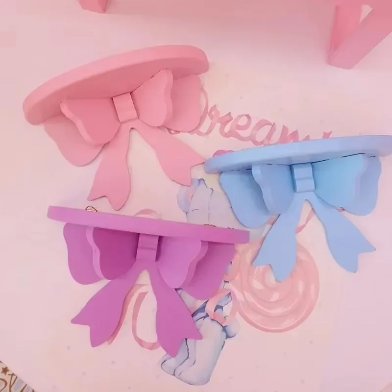 Wooden Decorative Shelves Girls' Room Organizer Holder Pink Wall Shelf Decor Frame Bows Decoration  Wooden Storage Rack