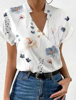 Elegant Blouse Printed Short Sleeve Shirts 2024 Summer Office Lady Cross V-Neck Flower Shirt S-XXL 1