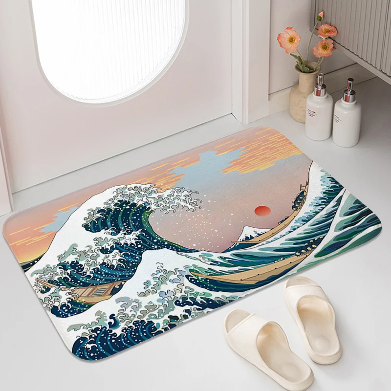 

Bath Rug Aesthetic Japanese Waves Digital Print Room Decorating Items Home Entrance Mat Bedroom Hallway Living Room Floor Carpet