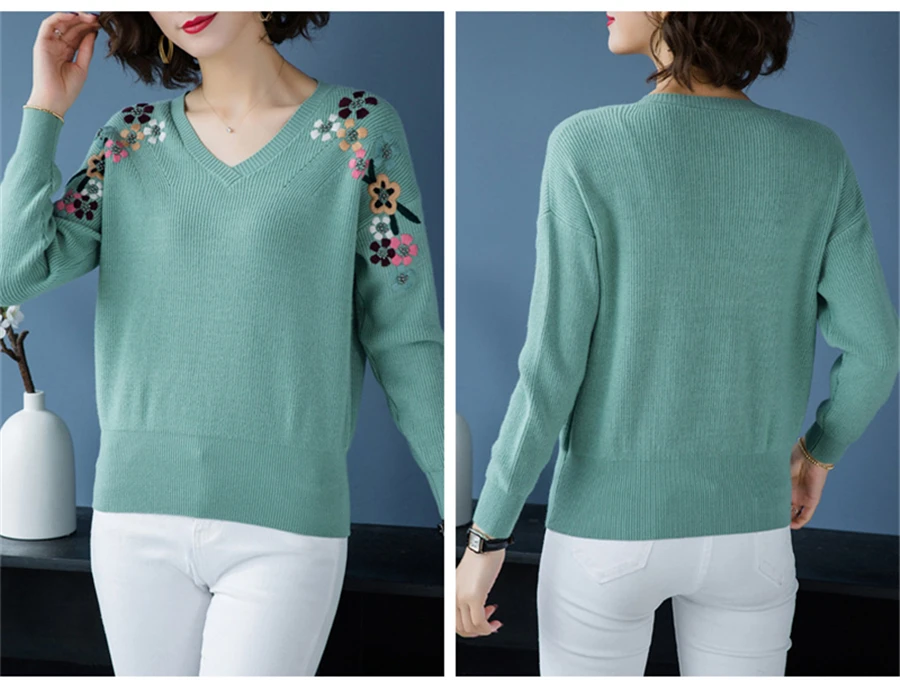 Slim V-Neck Flower Embroidery knitted Pullovers For Women Fashion spring Elastic Sweaters Large Size Casual Knitwear Tops Femme