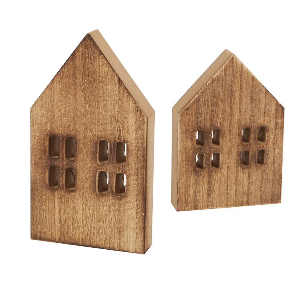 2 Pcs Wooden Crafts Christmas Scene Decor Small Decorated House Tabletop Simulated Prop Desktop Props