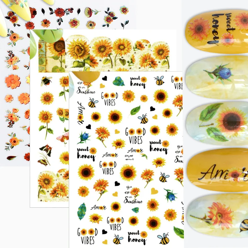 

3D Nail Stickers Back Glue Nail Stickers Sunflower flowers leaves abstract Nail Decal Stickers For Nail Tips Beauty