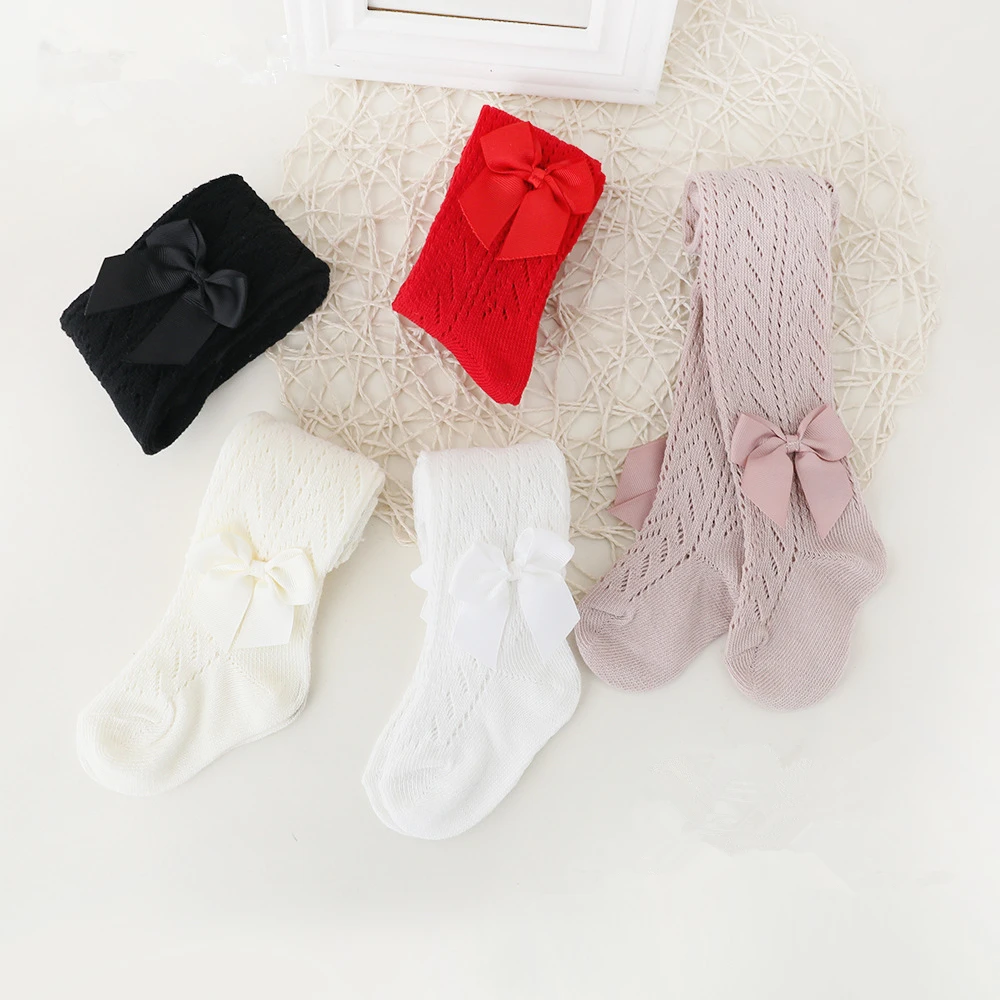 1 Pairs Baby Girls Tights For 0-4 Years Spanish Style Hollow Breathable Infant Bowknot Pantyhose Soft Cotton Toddler Kids Pants