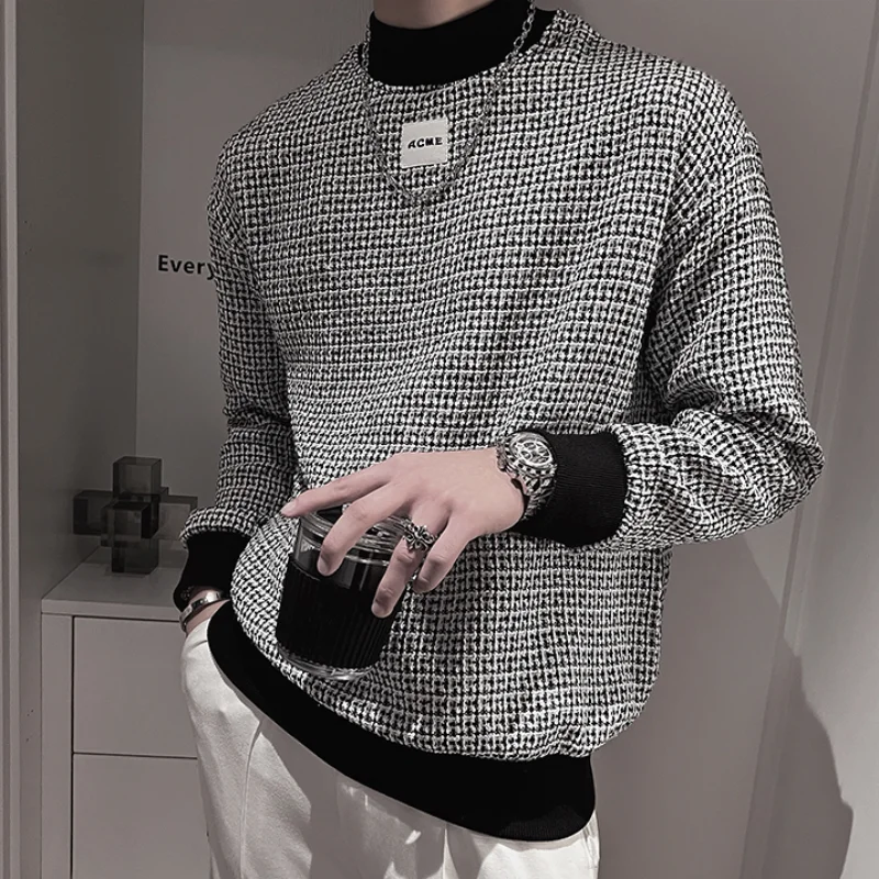 

2023 Spring New Plaid Men's T-shirts Half Turtleneck Long Sleeve Pullover Loose Casual Social Bottoming Sweatshirt Men Clothing