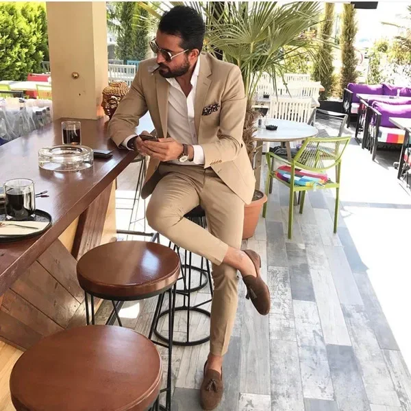 2024 Fashion Khaki Casual Men Suits High Quality Slim Fit Blazer Hombre High Street Custom 2 Piece Set Jacket Pant Costume Homme