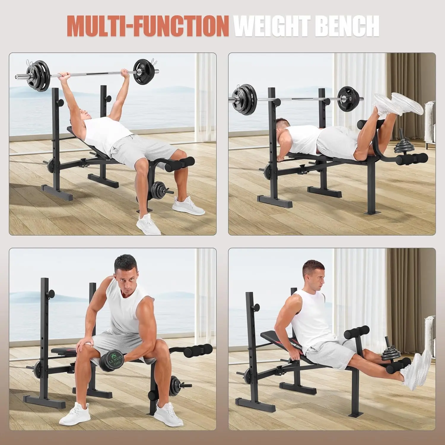 Weight Bench Set, Adjustable Bench Press Set with Squat Rack & Leg Extension, Folding Workout Set for Full Body