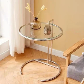 북유럽 인스 크리에이티브 리프트 유리 거실 테이블, 심플한 모던 책상, 투명 소파 사이드 라운드 커피 테이블, 스테인레스 스틸