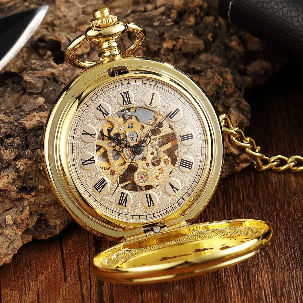 Golden Hollow Deer Pattern Mechanical Pocket Watch Vintage Double Side Steampunk Fob Clock Male Necklace Watch Chain Women Men