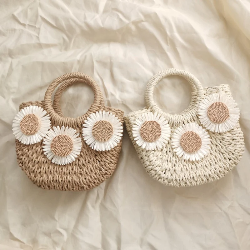 Summer Handmade Bags for Women Beach Weaving Ladies Straw Bag Wrapped Beach Bag Moon shaped Top Handle Handbags Totes