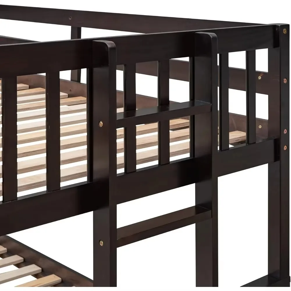 Twin Over Full Bunk Bed with Twin Size Trundle and 3 Storage Drawers, Solid Wood Bunk Bed Frame with Ladder, Children Beds 2