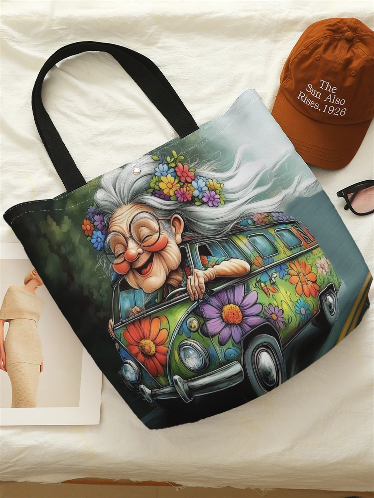 1pc， Handbag, reusable fashionable handbag, multifunctional handbag, printed canvas shopping bag