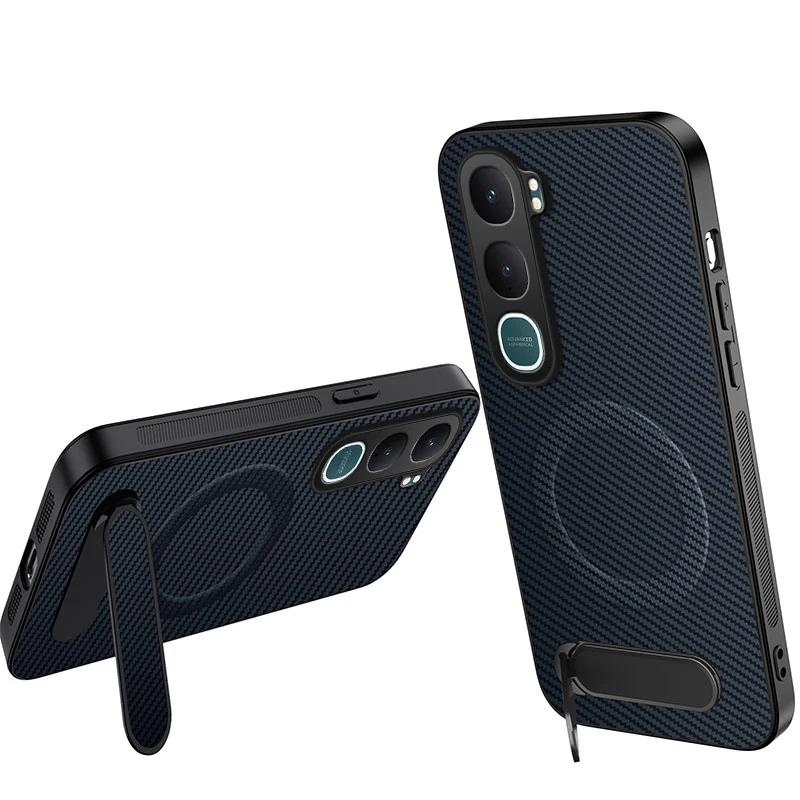 Business Carbon Fiber Magnetic Phone Case with Foldable Kickstand and Anti-Fall Texture Cover