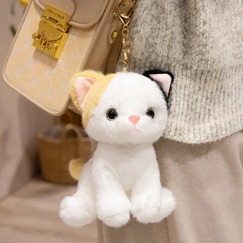 15cm 귀여운 시뮬레이션 앉아 고양이 펜던트 인형 봉제 인형 부드러운 동물 화이트 블랙 새끼 고양이 키 체인 인형 어린이 생일 선물