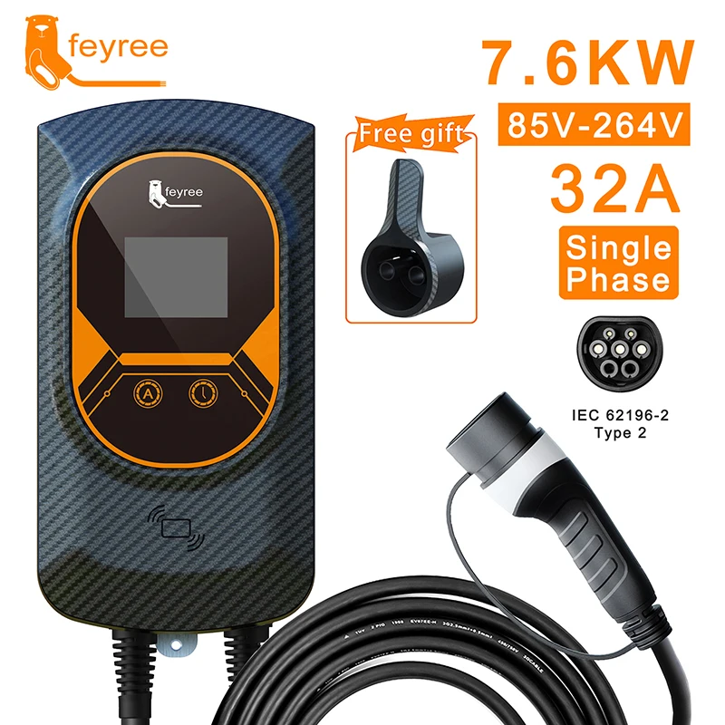 

feyree EV Charger Type2 32A EVSE Wallbox with IEC62196-2 Adapter 7.6KW Wallmount Charging Station 5m Cable for Electric Vehicle
