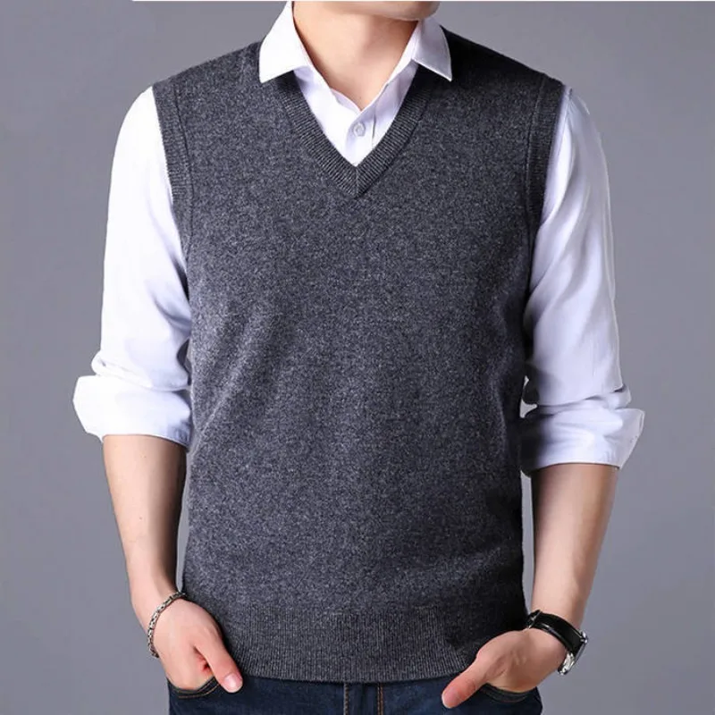 Fashion Men Sleeveless Knitted Sweater Vest Spring Autumn Pullover Bottom V-neck Male Streetwear Casual Versatile Basic Tank Top