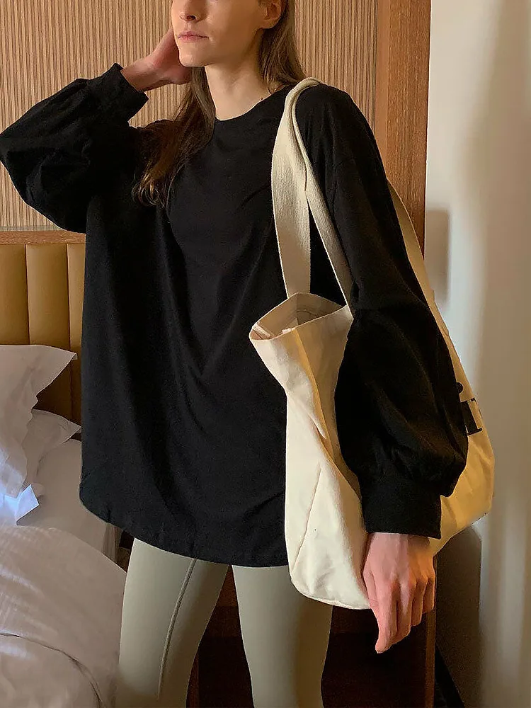 

100% Cotton Basic T-shirts Women Long Sleeve Round Neck Solid Color Loose Midi Pullovers Sporty Style Autumn Winter Tee Tops