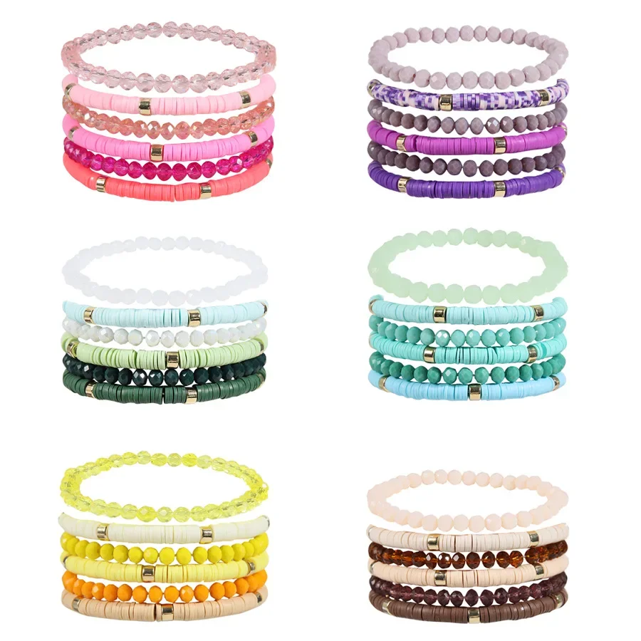 

Rice bead bracelet Elastic force Polymer clay Tide Simple Hand knitting Bohemia Crystal Lift Beaded bracelet set