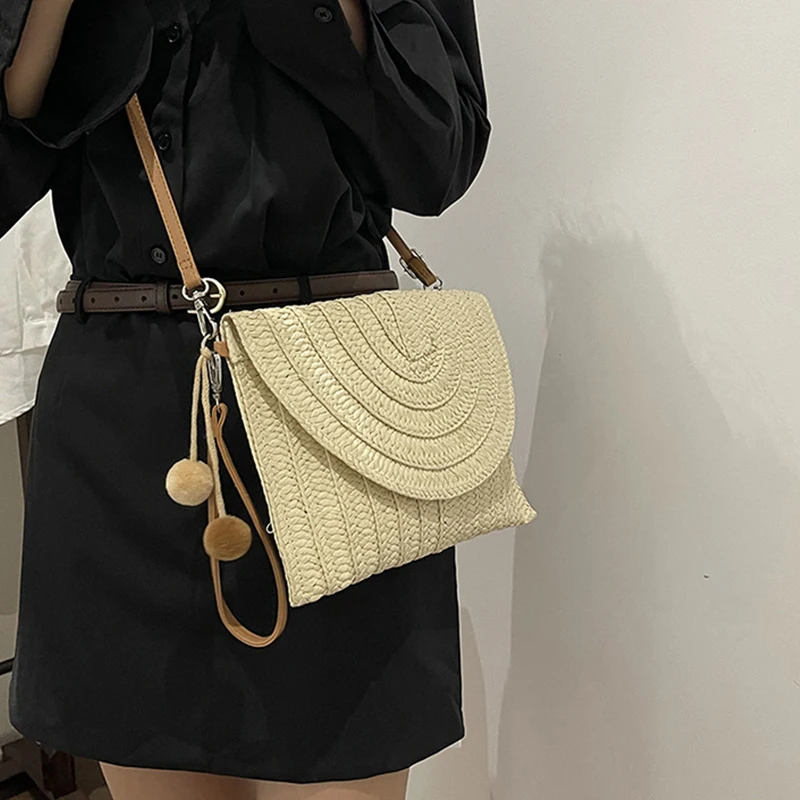 Summer Beach Straw Crossbody Bag with Cute Ball Pendant for Women Casual Wicker Shoulder Clutch Purse Travel Handbag Ladies