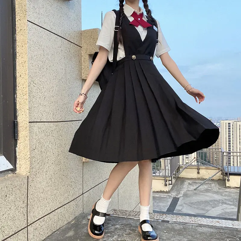 

2024 Japanese Kawaii JK Uniform Strap Dress Bow Tie Y2K Female Student Loose Dress One-piece Suit Preppy Style WOMEN's Clothing