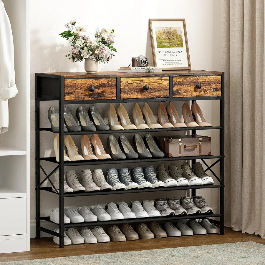 Shoe Rack 5 Tier Shoe Organizer with 3 Drawers Metal Shoe Storage for 2430 Pairs of Shoes with Fabric Shelves and Wooden Top Na