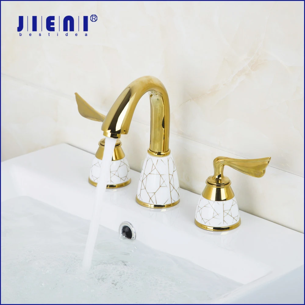 

JIENI Golden Plated Bathroom Basin Sink Tap 3 Pcs 2 Lever Golden Brass Ceramic Handles Deck Mounted Vessel Bathtub Mixer Faucet