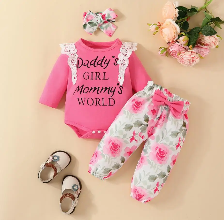 

0-18M Newborn Infant Outfits Baby Girl Lace Letter Long Sleeve Romper+Pants+Headband 3PCS Clothes Set Kids Bebes Tracksuits