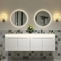 60" Double Sink Floating Vanity with Human Sensor LED, High Gloss Wall, Modern Bath Sink Vanity Cabinet with Metal Handles 1