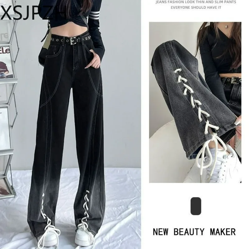 Black Bandage Straight Long Pants Woman 2023 Spring Autumn Jeans Spicy Girl High Waist Loose Thin Pants Mopping Trousers