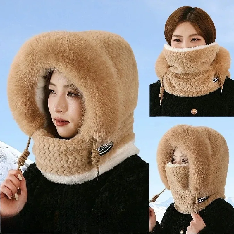 Women Winter Thermal Hood Hat Scarf Mask Set