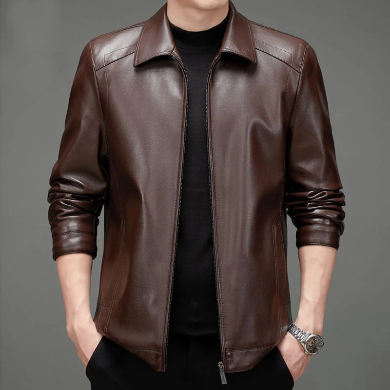 2026 New Men's Genuine Leather Spring Autumn Jacket Thin Sheepskin Casual Middle-aged Dad Leather Coat Zipper Closure Long Sl... - 2