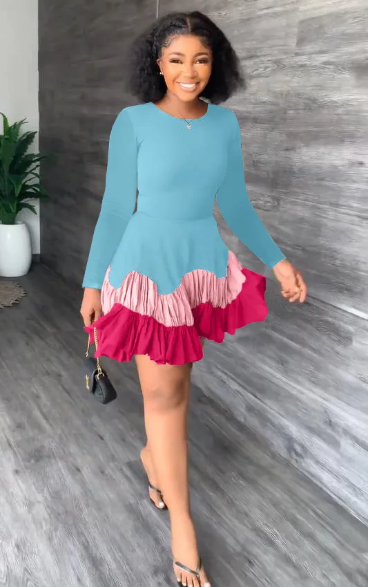 

2024 Spring New O Neck Long Sleeve Skinny Color-blocked Ruffled A-line Mini Dress Women Patchwork Big Swing Party Short Dresses