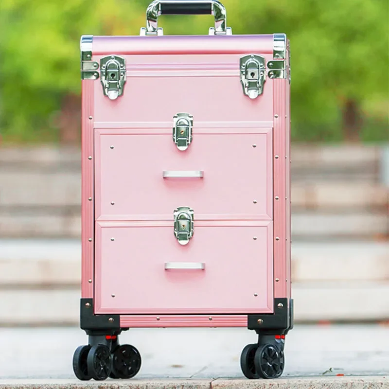 Professional 220V Aluminum Alloy Makeup Box Trolley with Large-Capacity Lock for