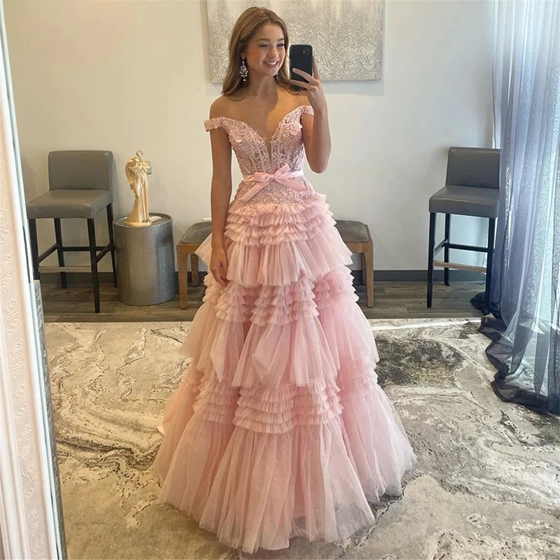 Tiered Ruffle Skirt Cinderella In Pink Off the Shoulder Lace Corset Evening Party Dress Tulle Ball Gown Prom Dresses