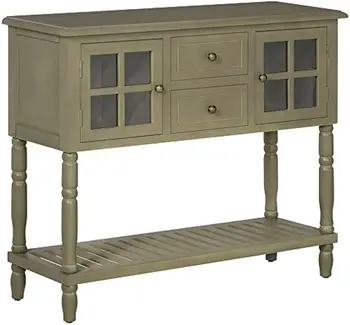 Vintage Console Table with 2 Drawers and Cabinets, Retro Sofa Table for Entryway, Living Room and Hallway, Light Grey