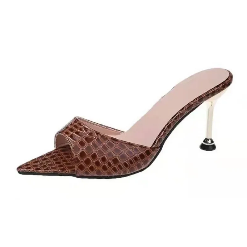 뱀 인쇄 Strappy Mule 여성 얇은 하이힐 슬리퍼 샌들 지적 들여다 발가락 슬라이드 파티 플립 플롭 신발