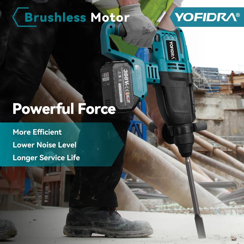 YOFIDRA 26MM Brushless Electric Hammer Drill Multifunctional Rotary Cordless Rechargeable Power Tools For Makita 18V Battery 6