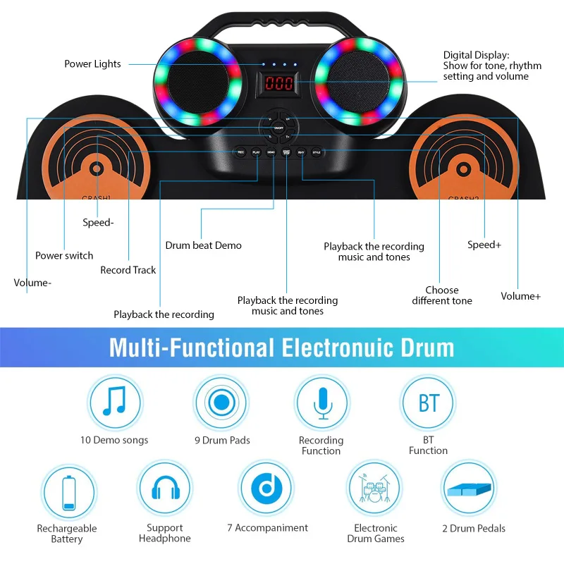 Portable Electronic Drum Hand-rolled Silicone Drum Set Built-in Speaker LED Display Monitorable with Foot Pedal USB or Battery portable drum pad,virtual drum kit